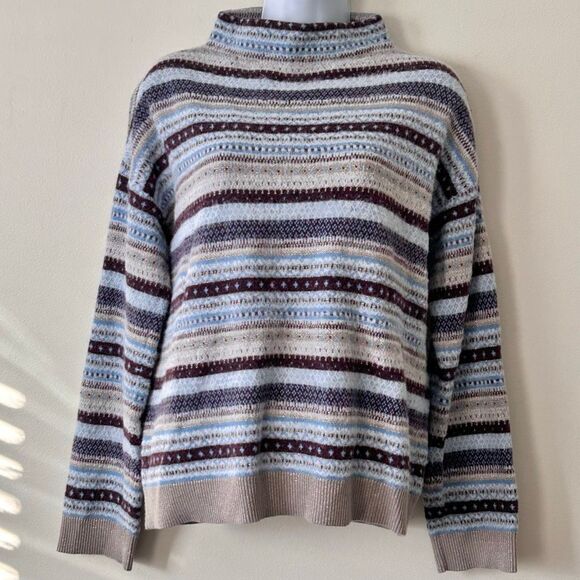 Ann Taylor Mock Neck Sweater Fair Isle Winter Blue Gray Maroon Shimmer Size M - Picture 1 of 11